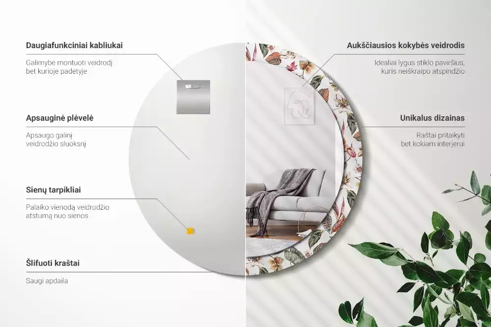 Rund spegel med tryckt ram Vintage blommor