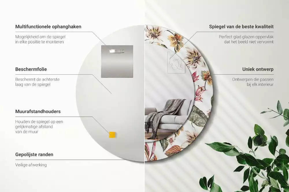 Rund spegel med tryckt ram Vintage blommor