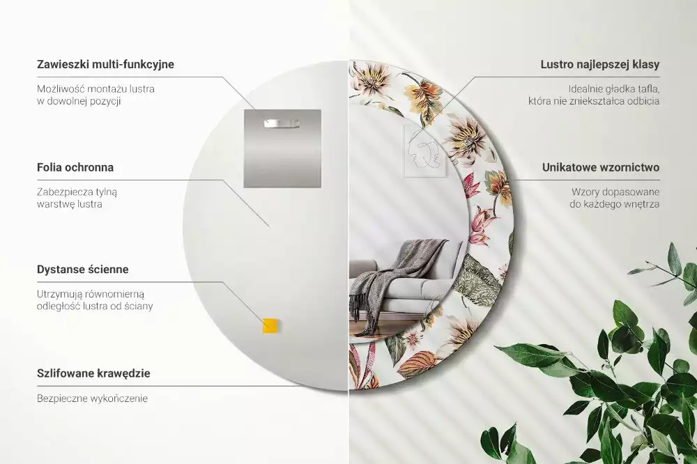 Rund spegel med tryckt ram Vintage blommor