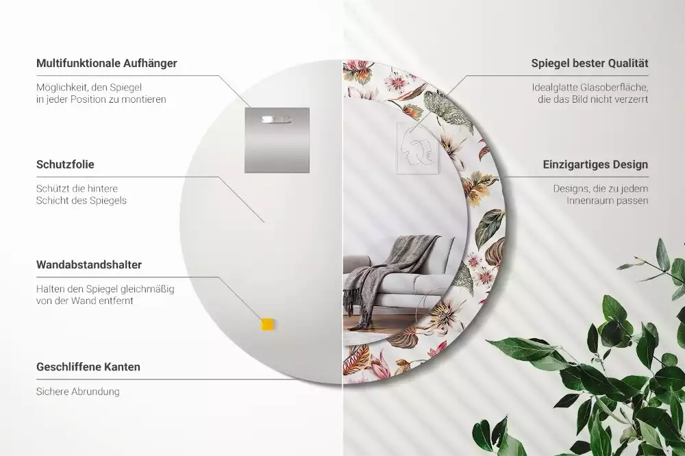 Rund spegel med tryckt ram Vintage blommor