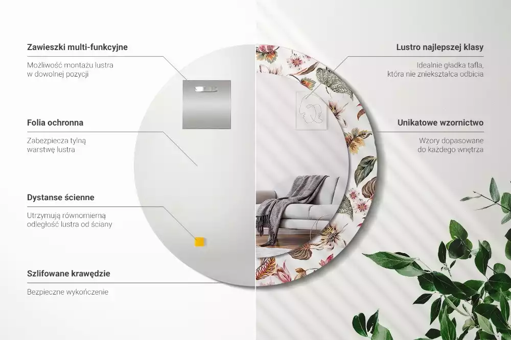 Rund spegel med tryckt ram Vintage blommor