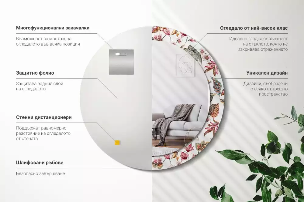 Rund spegel med tryckt ram Vintage blommor