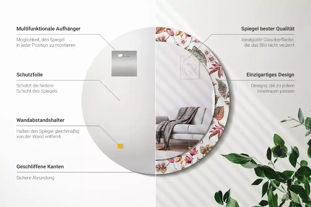 Rund spegel med tryckt ram Vintage blommor