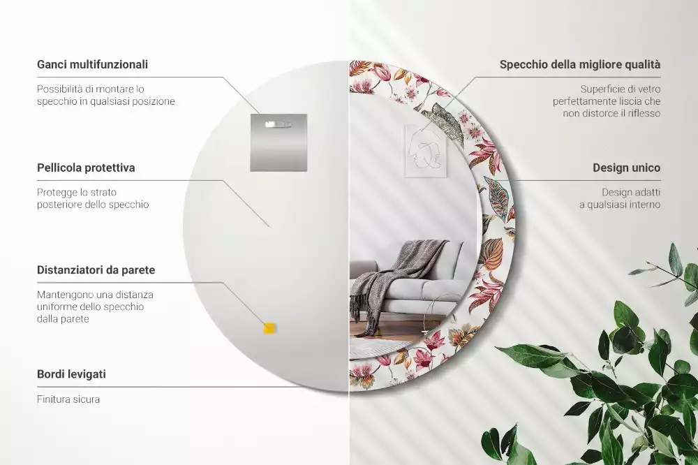 Rund spegel med tryckt ram Vintage blommor