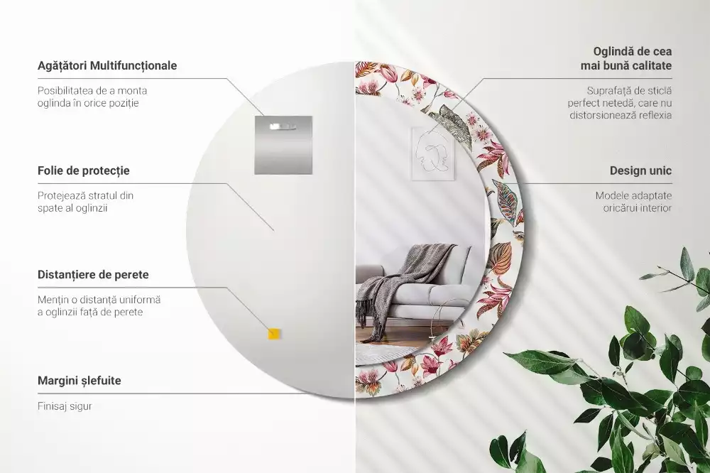 Rund spegel med tryckt ram Vintage blommor