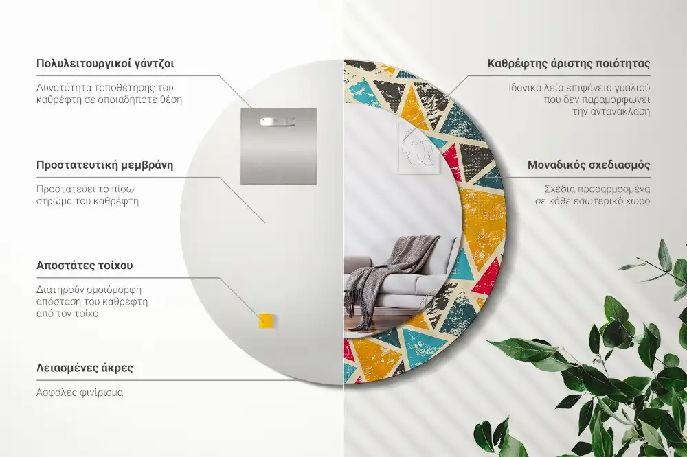 Rund spegel med tryckt Retro komposition