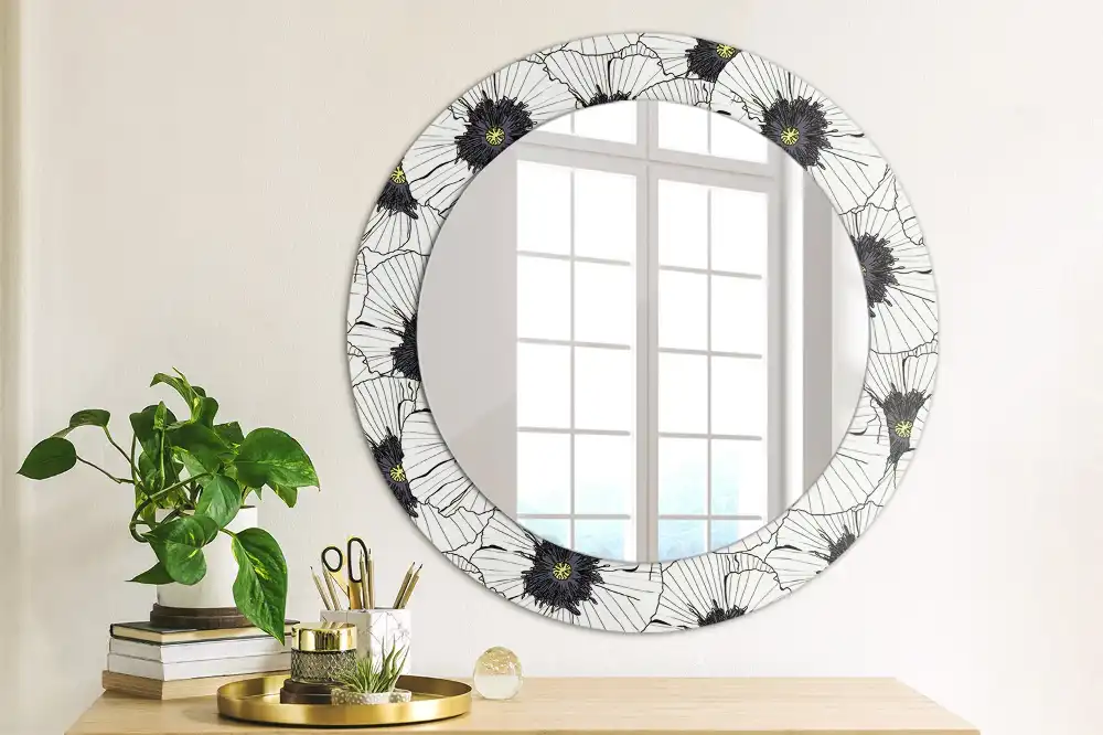Rund spegel med tryckt Blomsterarrangemang