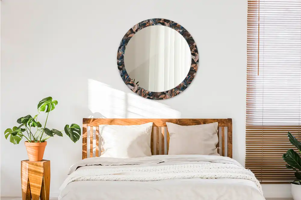 Rund spegel med tryckt ram Mörka tropiska löv