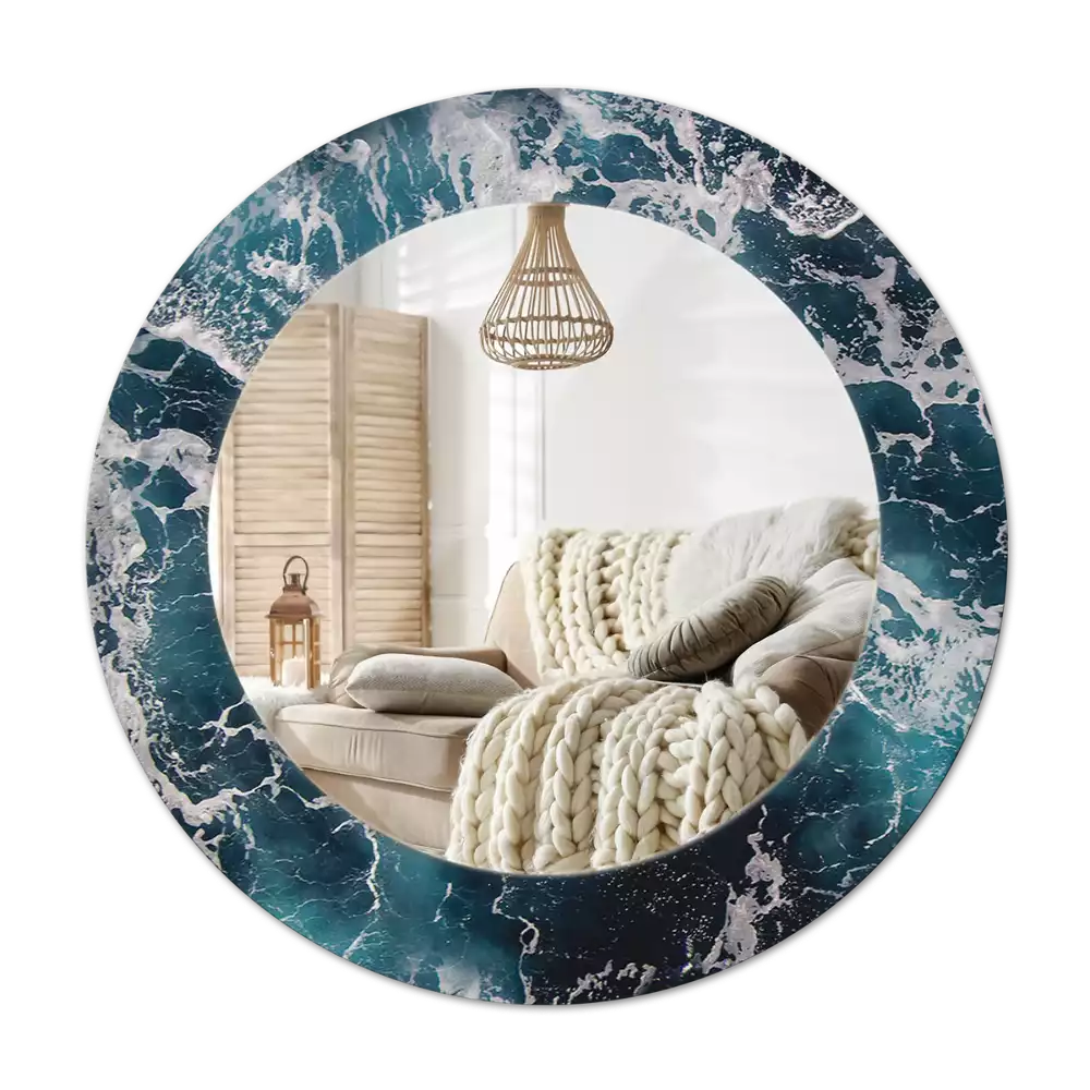 Rund spegel med tryckt Stormigt hav