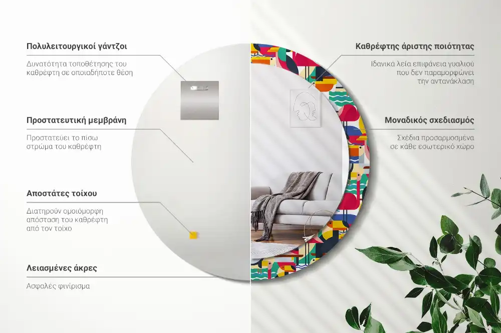 Rund spegel med tryckt Geometriska tropiska fåglar