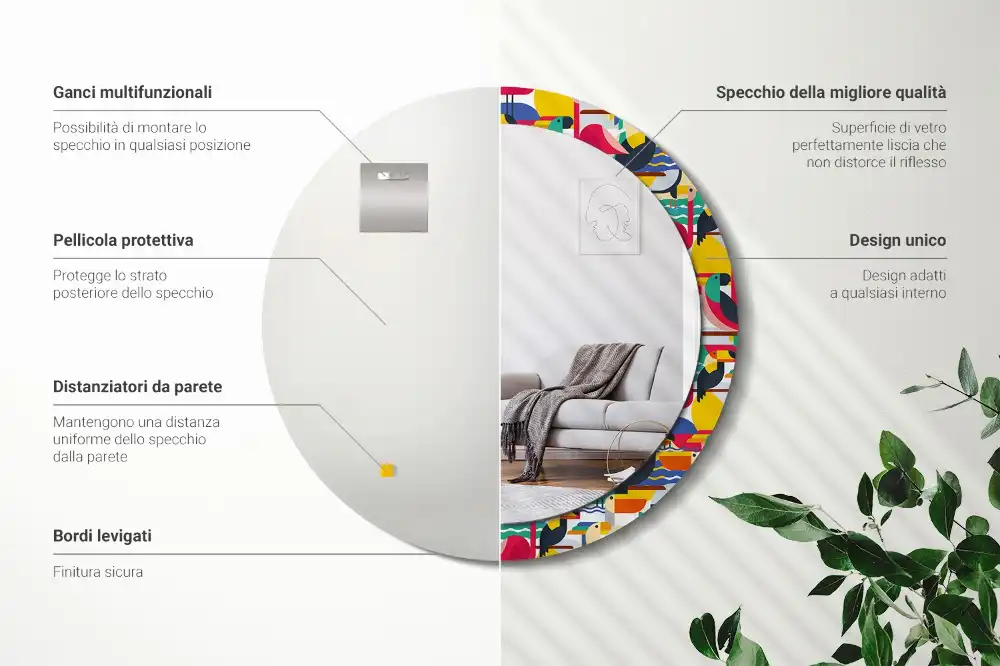 Rund spegel med tryckt Geometriska tropiska fåglar