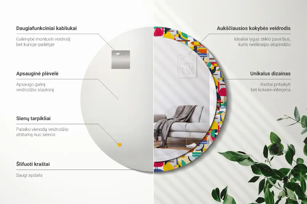 Rund spegel med tryckt Geometriska tropiska fåglar