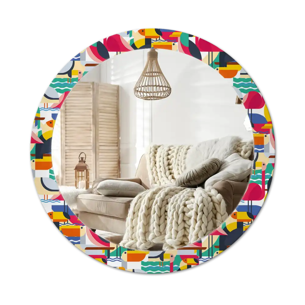 Rund spegel med tryckt Geometriska tropiska fåglar