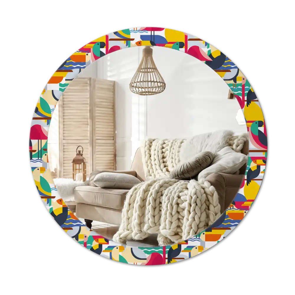 Rund spegel med tryckt Geometriska tropiska fåglar