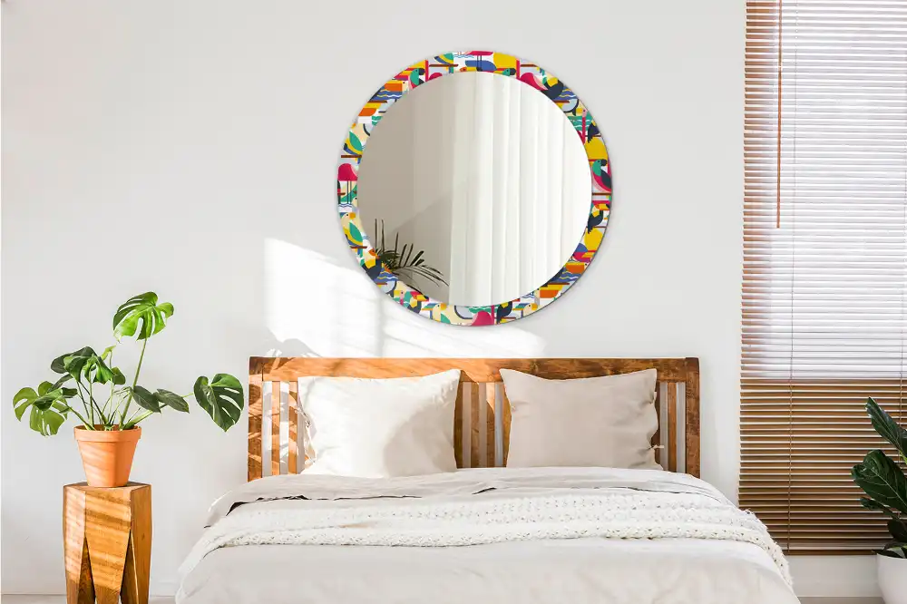 Rund spegel med tryckt Geometriska tropiska fåglar