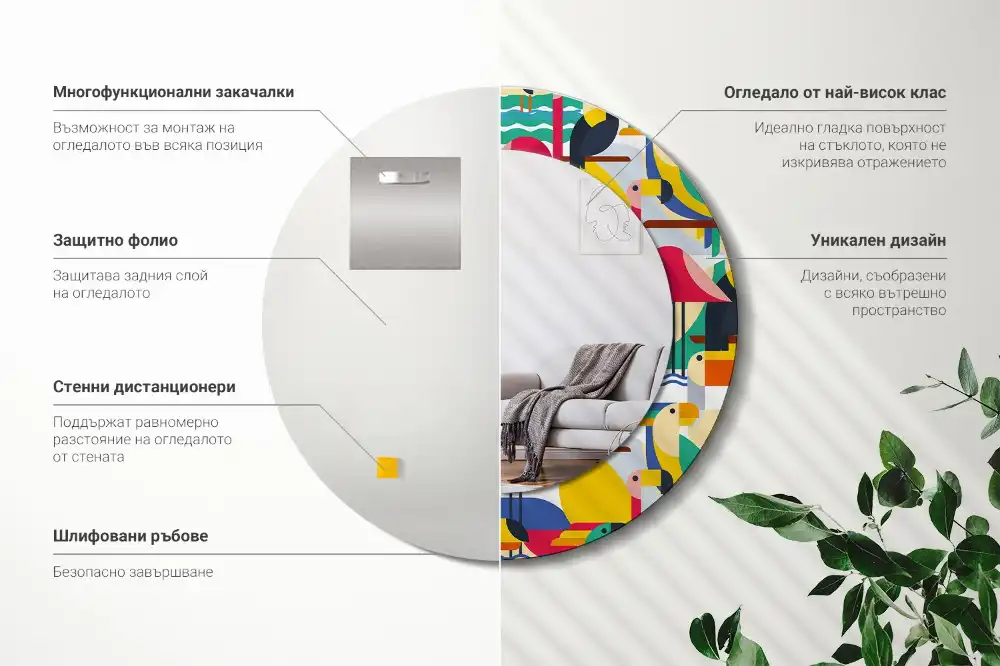 Rund spegel med tryckt Geometriska tropiska fåglar