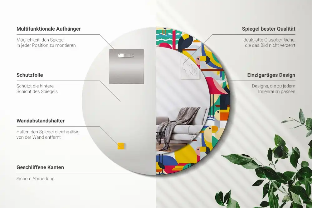 Rund spegel med tryckt Geometriska tropiska fåglar