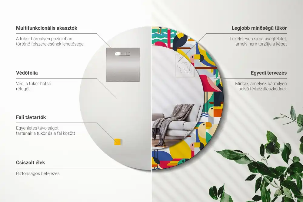 Rund spegel med tryckt Geometriska tropiska fåglar