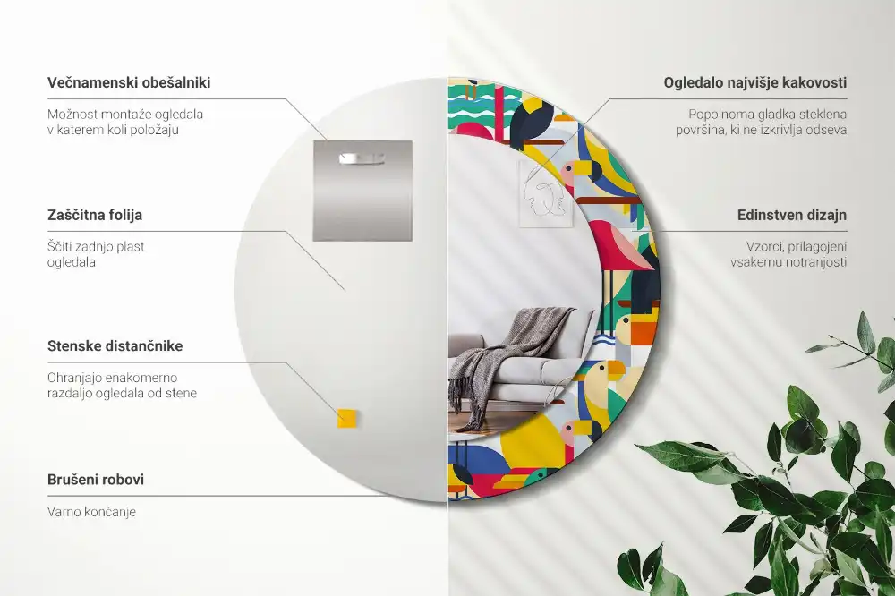 Rund spegel med tryckt Geometriska tropiska fåglar