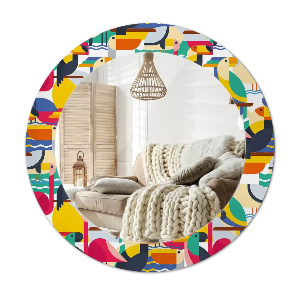 Rund spegel med tryckt Geometriska tropiska fåglar