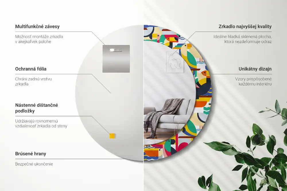 Rund spegel med tryckt Geometriska tropiska fåglar