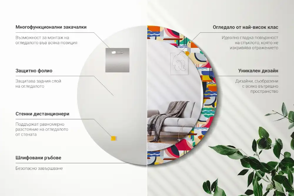 Rund spegel med tryckt Geometriska tropiska fåglar