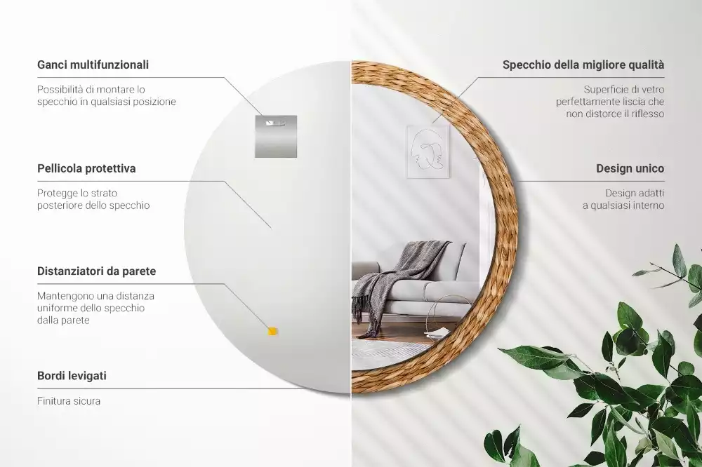 Rund spegel med tryckt ram Wicker mönster