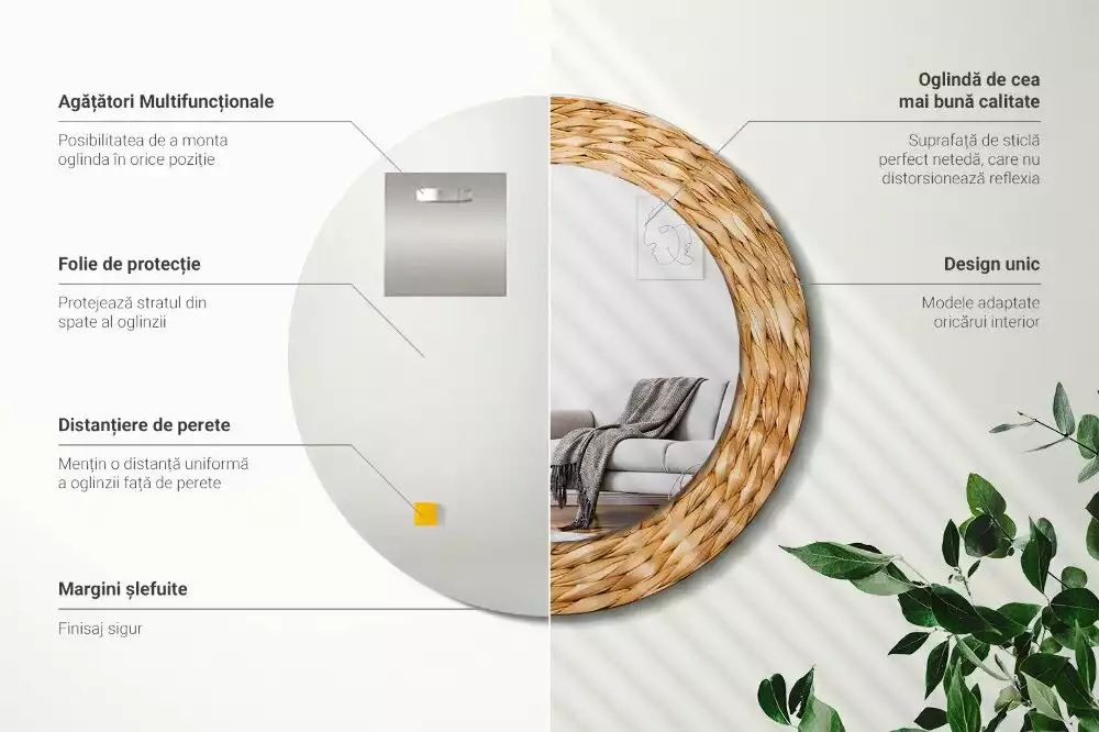 Rund spegel med tryckt ram Wicker mönster