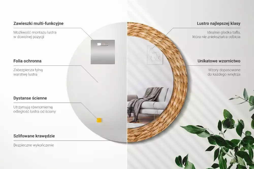 Rund spegel med tryckt ram Wicker mönster