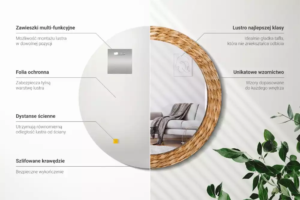 Rund spegel med tryckt ram Wicker mönster