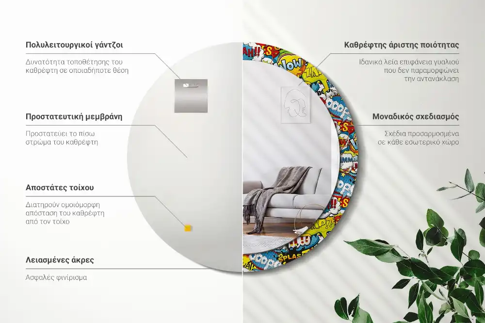 Rund spegel med tryckt Serietidning stil mönster