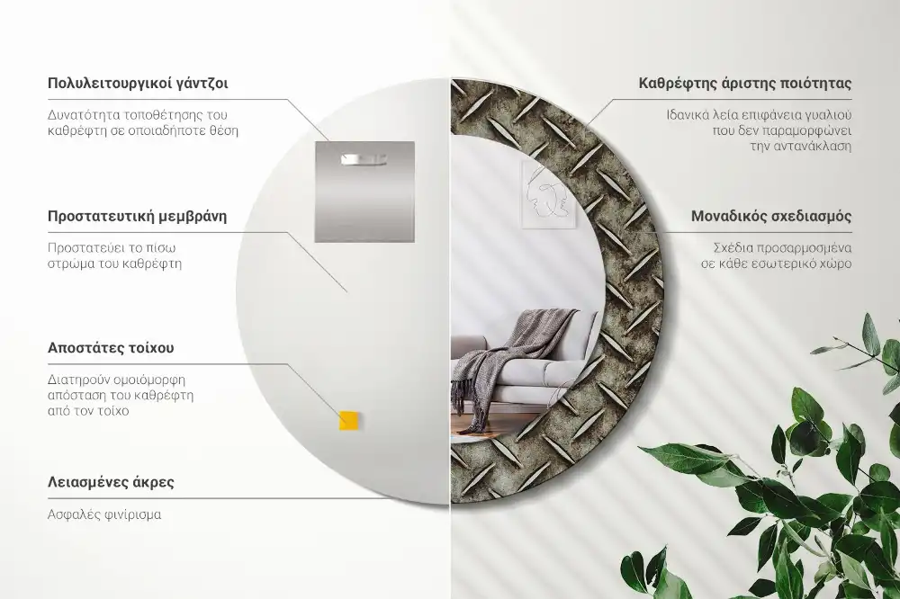 Rund spegel med tryckt ram Stål textur