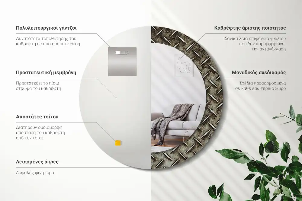 Rund spegel med tryckt ram Stål textur