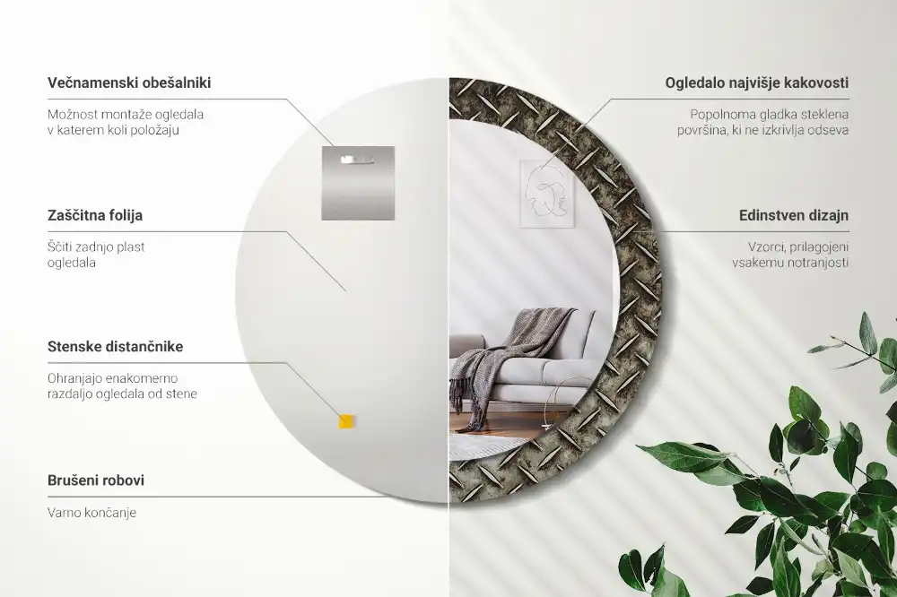 Rund spegel med tryckt ram Stål textur