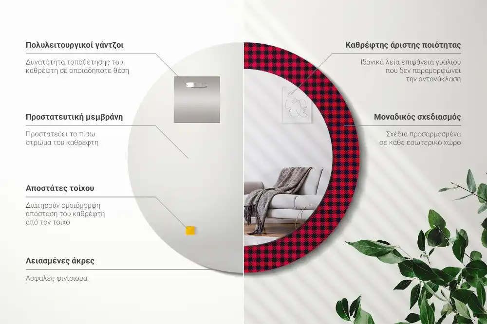 Rund spegel med tryckt Rödrutig