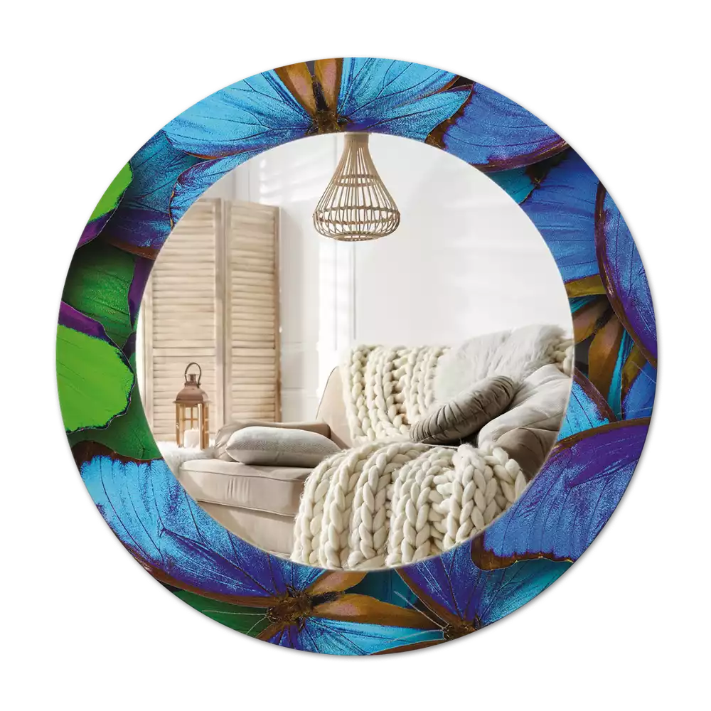 Rond spegel med tryckt ram Blå och grön fjäril