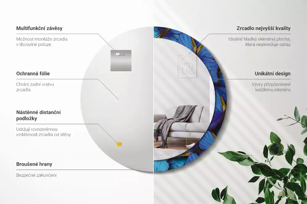 Rund spegel med tryckt ram Blå och grön fjäril