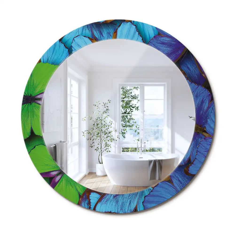 Rund spegel med tryckt ram Blå och grön fjäril