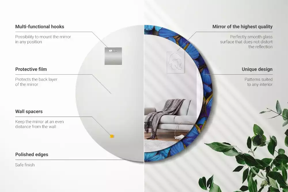 Rund spegel med tryckt ram Blå och grön fjäril