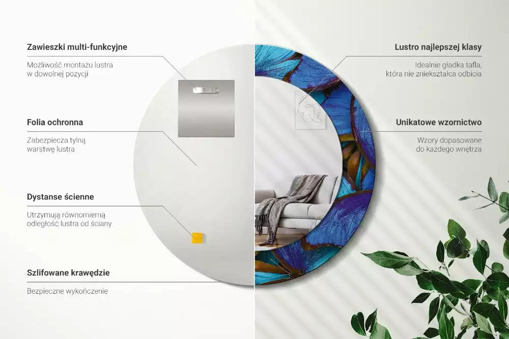 Rund spegel med tryckt ram Blå och grön fjäril