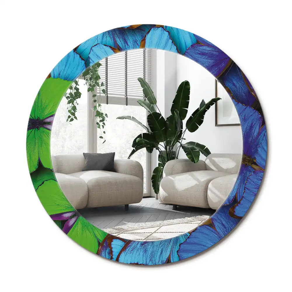 Rund spegel med tryckt ram Blå och grön fjäril