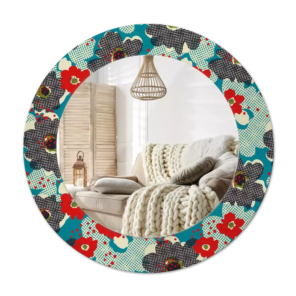 Rund spegel med tryckt ram Retro blommönster