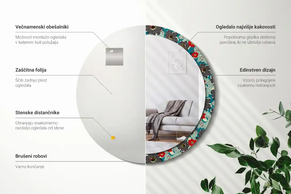 Rund spegel med tryckt ram Retro blommönster
