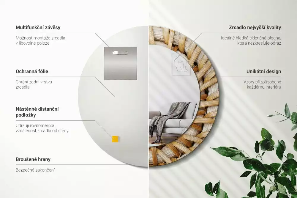 Rund spegel med tryckt ram Fläta