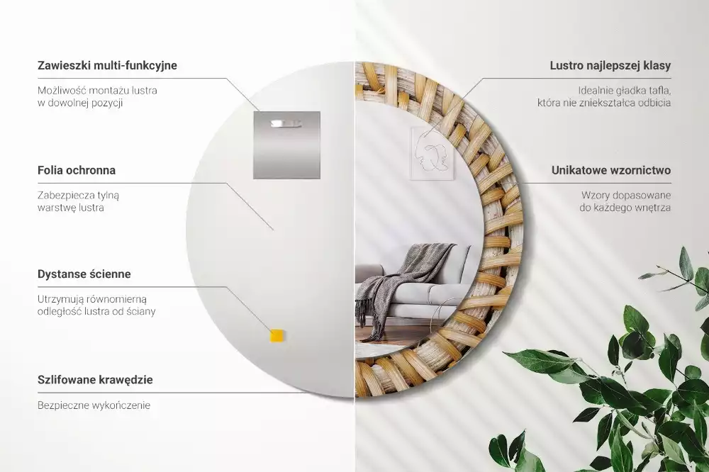 Rund spegel med tryckt ram Fläta