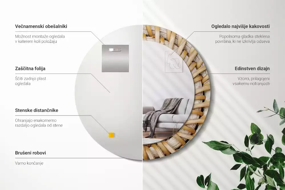 Rund spegel med tryckt ram Fläta