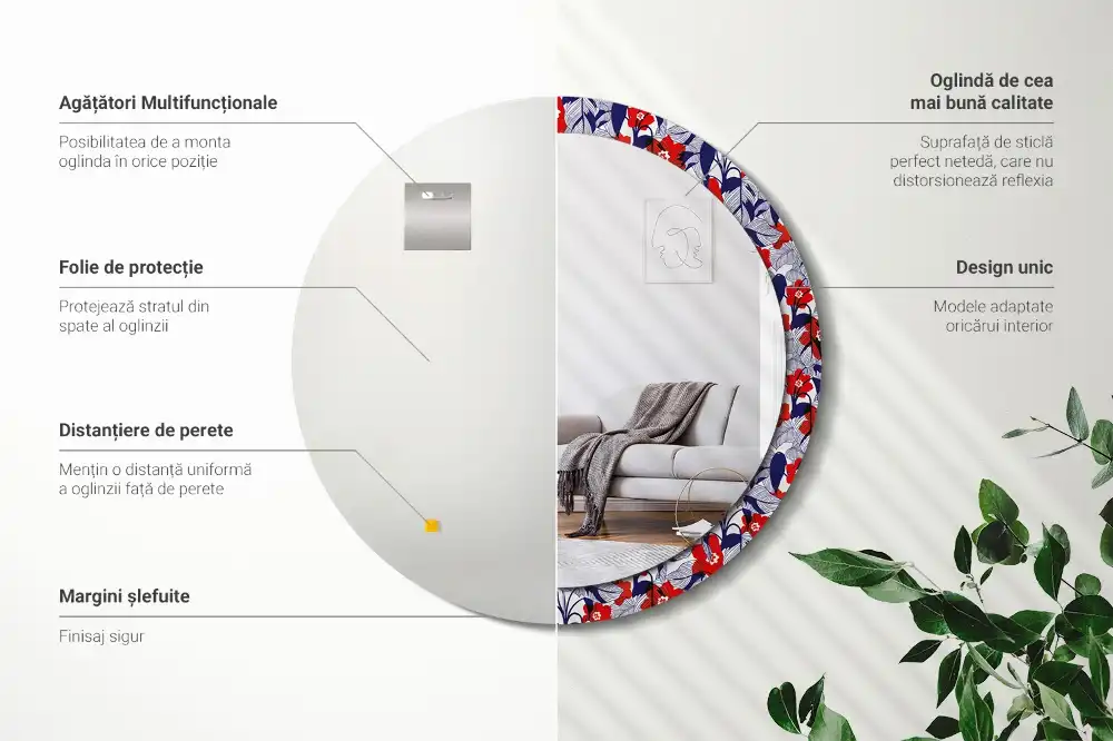 Rund spegel med tryckt Filodendron