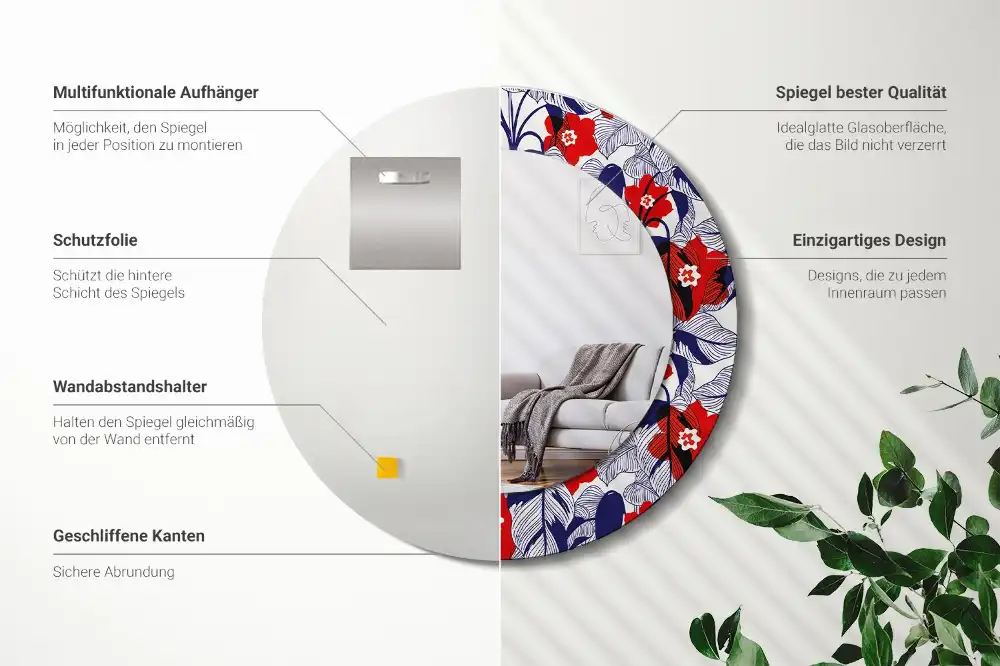 Rund spegel med tryckt Filodendron