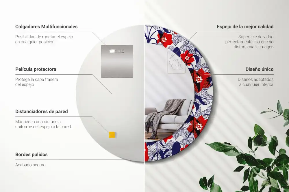 Rund spegel med tryckt Filodendron