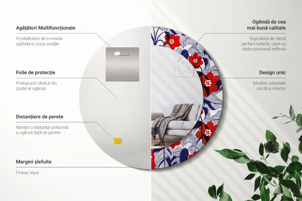 Rund spegel med tryckt Filodendron
